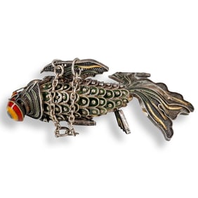 Antique Chinese Sterling Silver & Enamel Articulated Koi Fish