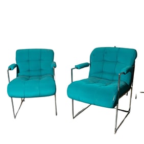 Pair Attr. Milo Baughman Teal Armchairs