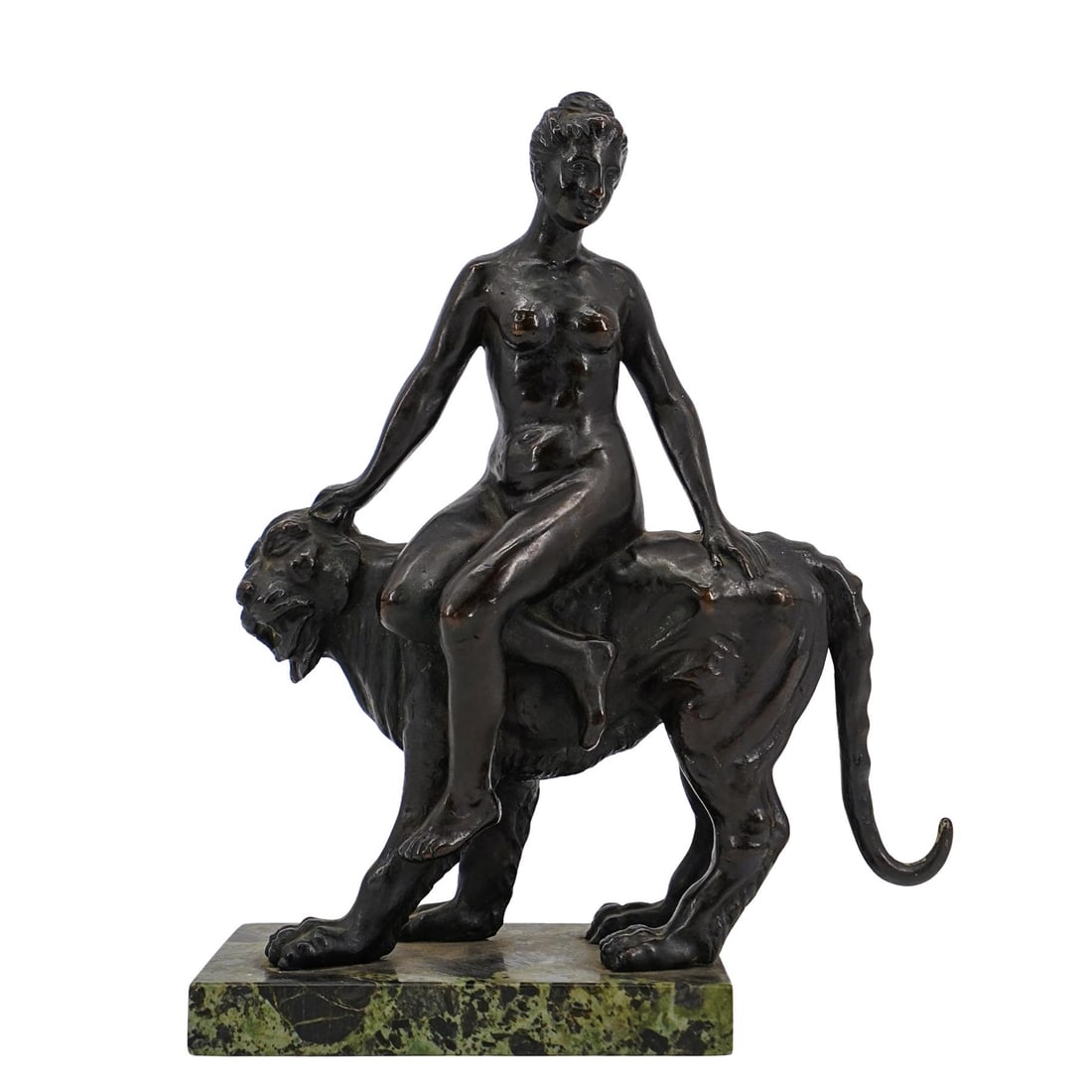 After Adolf Muller Crefeld Nude On Lion Bronze Sculpture: After Adolf Muller Crefeld Nude On Lion Bronze Sculpture 20th Century, Continental Bronze sculpture depicting a nude woman figure seated atop a lion, in the style of Belgian sculptor Adolf Muller-Cref