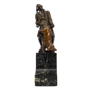 Bronze Sculpture Of A Man And Pig On Marble Base