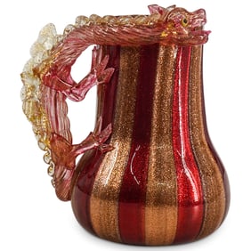 Murano Art Glass Red & Aventurine Vase W/ Dragon-Shaped Handle