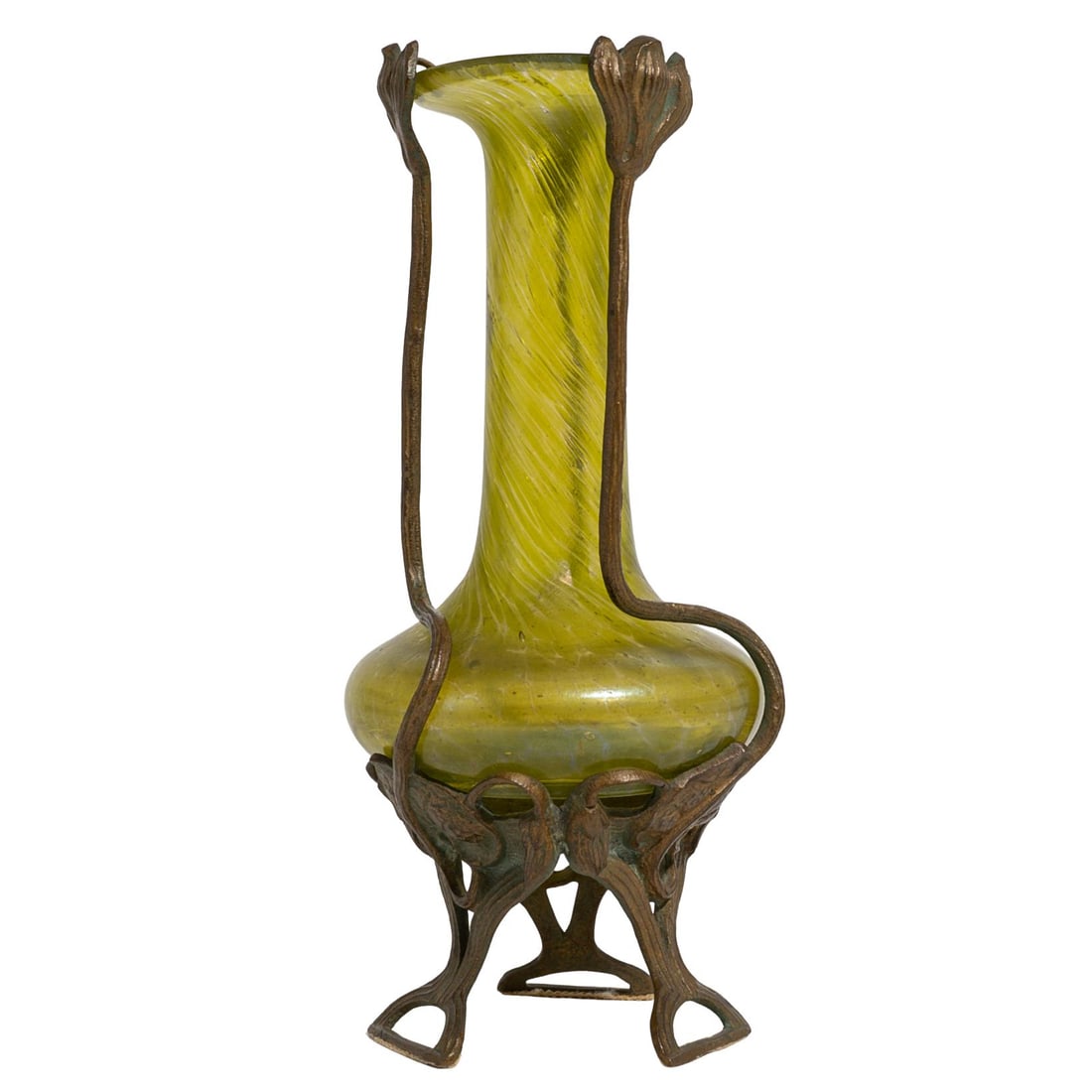 Art Nouveau Attrib. To Loetz Glass & Bronze Bud Vase: Art Nouveau Attrib. To Loetz Glass & Bronze Bud VaseEarly 20th Cent., AustriaAustrian Art Nouveau glass and bronze bud vase attributed to Loetz. With bronze mount comprising of flowers and elongated s