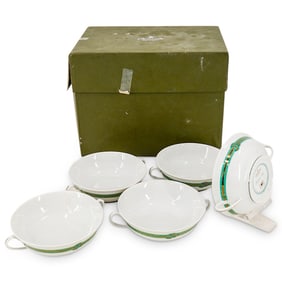 (5 Pc) Christofle Porcelain "Rubanea Vert Green" Double Handled Soup Bowls