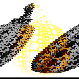 Yayoi Kusama (Japanese 1929) "Pumpkin" Figure: Yayoi Kusama (Japanese 1929) "Pumpkin" Figure21st century, JapanThis sculpture is shaped like a pumpkin with pronounced ribs and is made of ceramic. Its surface is covered with numerous uniform black