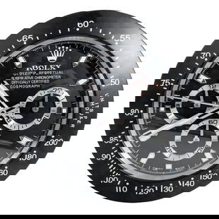 Rolex Wall Black Clock: Rolex Wall Black Clock2000, SwitzerlandWall clock has a black face with three subdials, luminous hour markers, and white printed text. The dial reads: "ROLEX OYSTER PERPETUAL SUPERLATIVE CHRONOMETER O