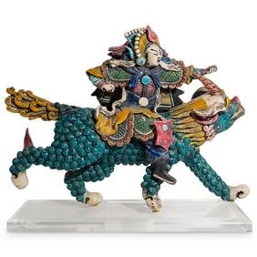 Chinese Polychrome Ceramic Warrior and Foo Dog Sculpture