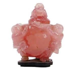 Antique Chinese Figural Carved Rose Quartz Covered Bowl