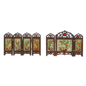 Pair of Antique Chinese Jade and Coral Miniature Screens