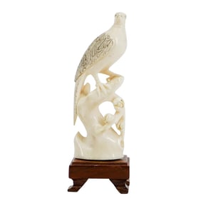 Chinese Carved Bone Bird Sculpture On Wooden Base