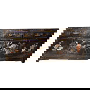 Chinese Black Lacquered Sideboard Cabinet: Chinese Black Lacquered Sideboard Cabinet20th Century, ChinaChinese black lacquer sideboard cabinet chest, decorated with inlaid jade, gemstones, and auspicious decorative motifs. With three top drawe