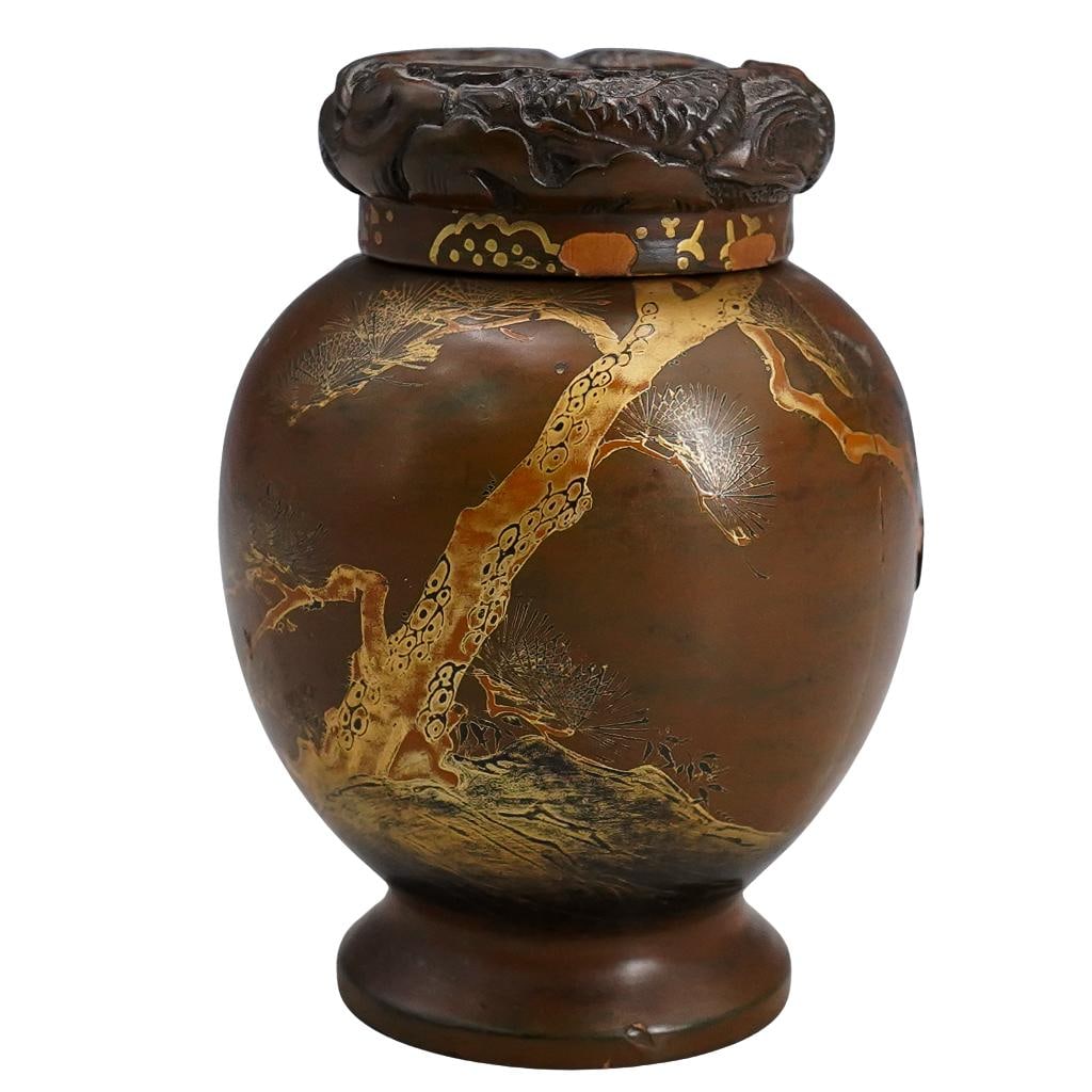 Antique Japanese Meiji Lidded Lacquered Wood Tea Jar: Antique Japanese Meiji Lidded Lacquered Wood Tea Jar19th Century, JapanAntique Japanese Meiji covered tea jar crafted from wood and coated in a lacquer depicting scenes on body and lid populated by cr