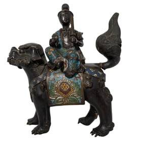 Antique Japanese Bronze Guanyin on Foo Dog