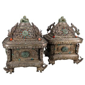 Pair Of Sino Mongolian Mixed Metal, Turquoise, Jade, And Coral Censers