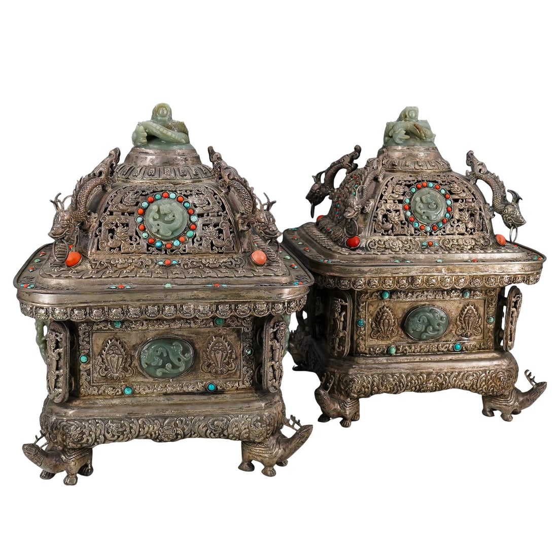 Pair Of Sino Mongolian Mixed Metal, Turquoise, Jade, And Coral Censers (1 of 11)