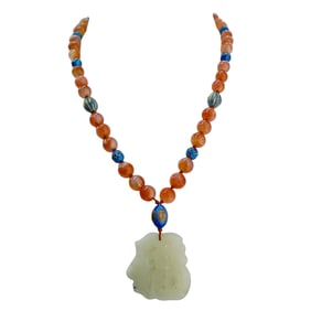 Antique Chinese Agate, Enamel, and Jade Pendant Necklace
