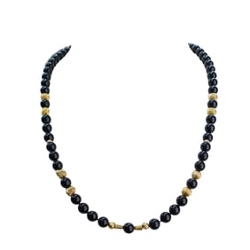 Antique Black Glass and Gold Plate Beaded Necklace