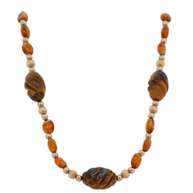 14K Gold, Tiger's Eye, and Amber Necklace