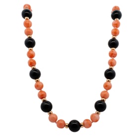 14K Gold, Angel Skin Coral, and Onyx Necklace