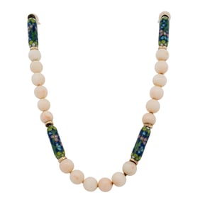 14K Gold, Enamel, and Angel Skin Coral Bead Necklace