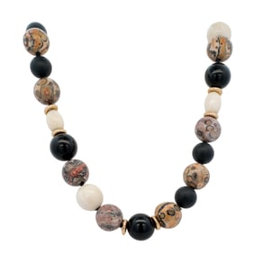 14K Gold, Jasper, Onyx, Jet, and Bone Necklace