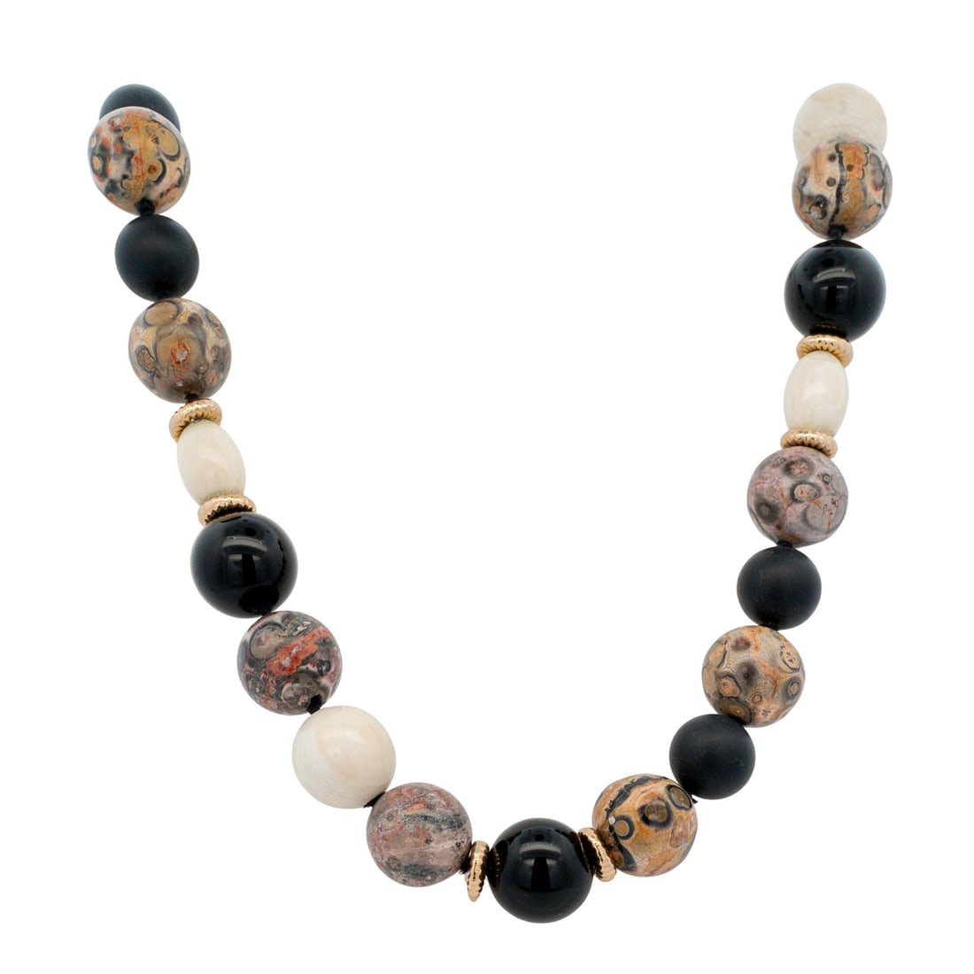 14K Gold, Jasper, Onyx, Jet, and Bone Necklace: 14K Gold, Jasper, Onyx, Jet, and Bone Necklace20th c., ChinaLong strand featuring leopard skin jasper, bone, jet, and onyx beads with 14k gold spacers.39"L
