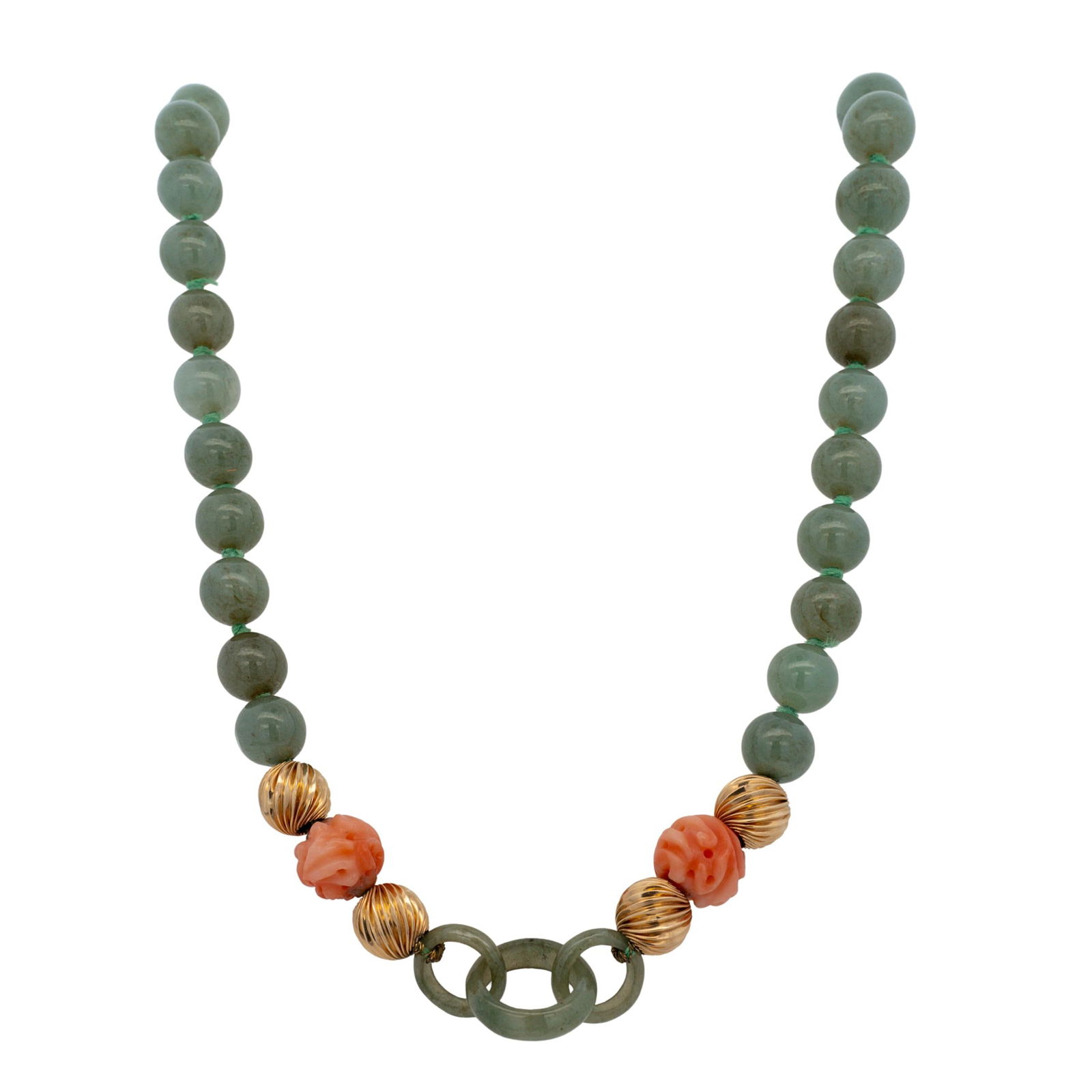 14K Gold, Jade, and Angel Skin Coral Necklace: 14K Gold, Jade, and Angel Skin Coral Necklace20th c., ChinaThis necklace features angel skin coral carved into small flowers, 14k gold accents, and round and loop jade beads. Total weight: 80g33.5"L