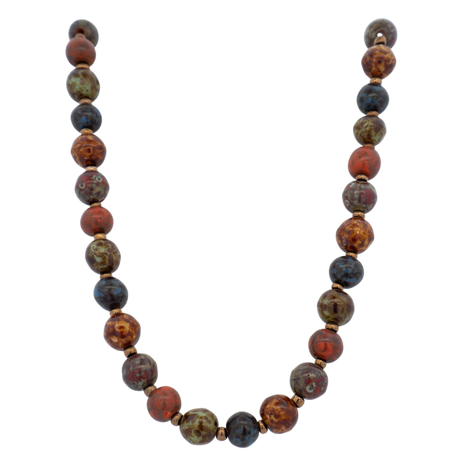 Multi-Jasper Bead Necklace: Multi-Jasper Bead Necklace20th c., ContinentalThis necklace features different varieties of jasper carved into round beads with copper metal spacers.24.75"L