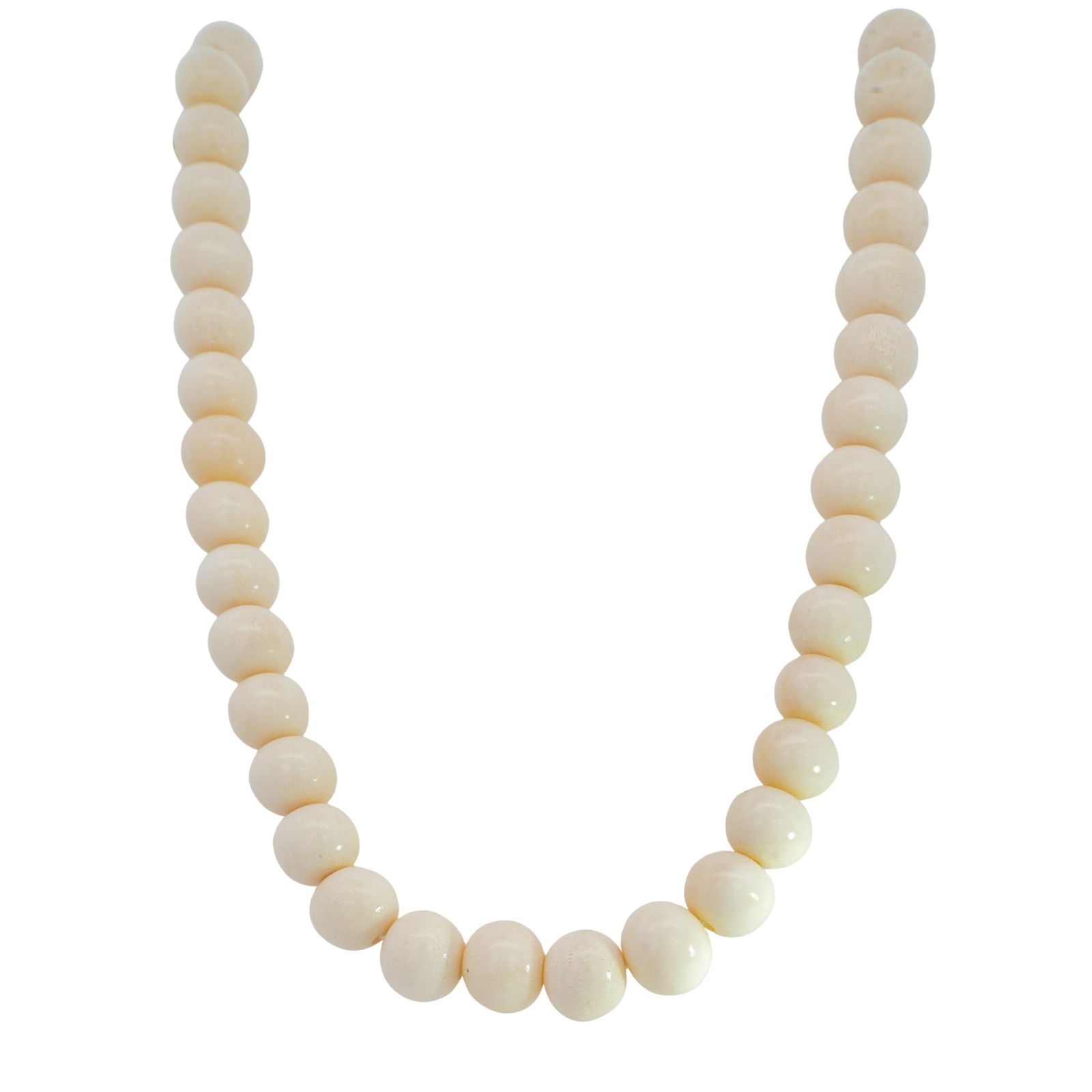 Bone Bead Necklace: Bone Bead Necklace20th c., ChinaRound bone beads strung on white cord with a barrel clasp.27"L