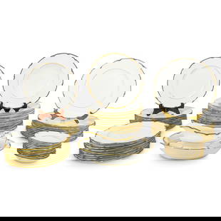 (57 Pc) Royal Doulton Porcelain Dinnerware Set: (57 Pc) Royal Doulton Porcelain Dinnerware Set20th Century, England(57 Pc) Royal Doulton Porcelain Dinnerware Set in white porcelain with scalloped gilt rim. Marked with Royal Doulton hallmark on the