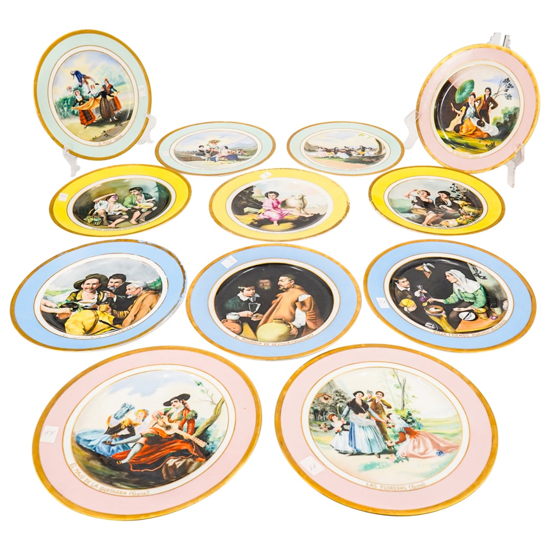 (12 Pc) Limoges Porcelain Spanish Themed Painted Plates: (12 Pc) Limoges Porcelain Spanish Themed Painted Plates 20th Century, France (12 Pc) Limoges Porcelain Spanish Themed Painted Plates. Decorated with classical Spanish paintings, by Spanish painters Mu