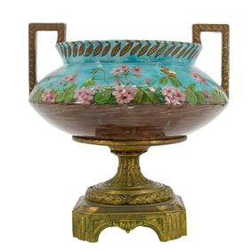 Antique Gilt Bronze Mounted Enamel Ceramic Pedestal Bowl