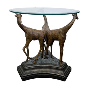 Carved Wood Giraffe Occasional Table W/ Glass Top