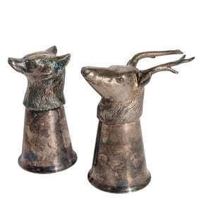 (2 Pc) Antique English Sheffield Silver Plated Animal Stirrup Cups