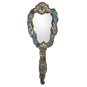 Antique French Enamelled Champleve Cloisonne Hand Mirror