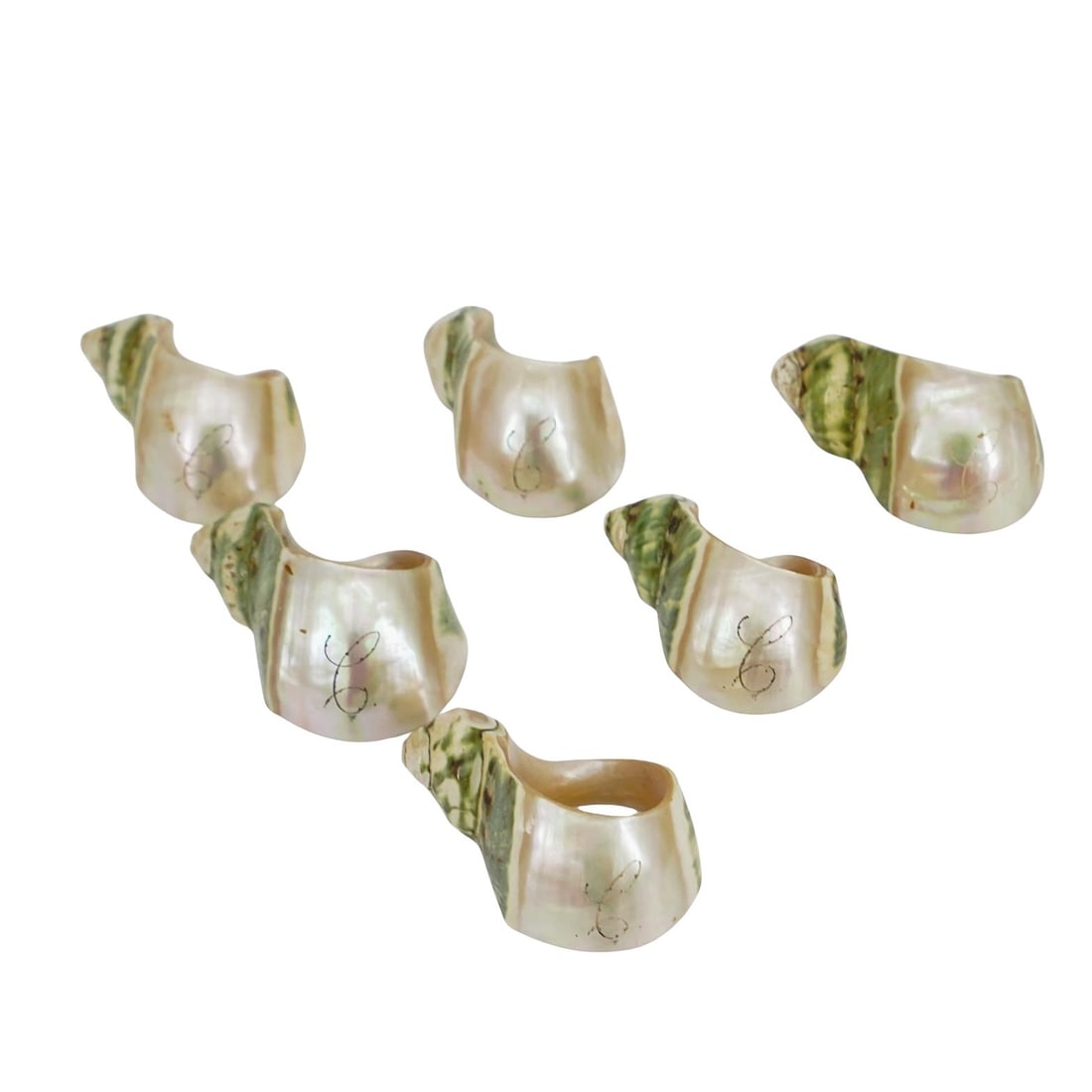 (6 pcs) Natural Shell Monogrammed Napkin Rings: (6 pcs) Natural Shell Monogrammed Napkin Rings 20th century, Continental Natural pearlescent shell napkin rings. Each have an etched monogrammed "G" in a cursive font on the front. Each measure approx