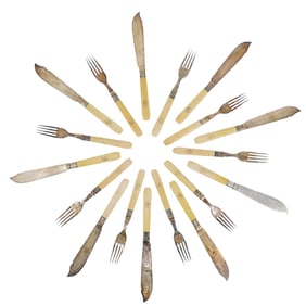 (18 pcs) Antique Sterling and Carved Bone Fish Cutlery Set