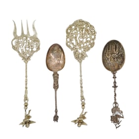 (4 Pc) Antique Silver Repousse Serving Utensils