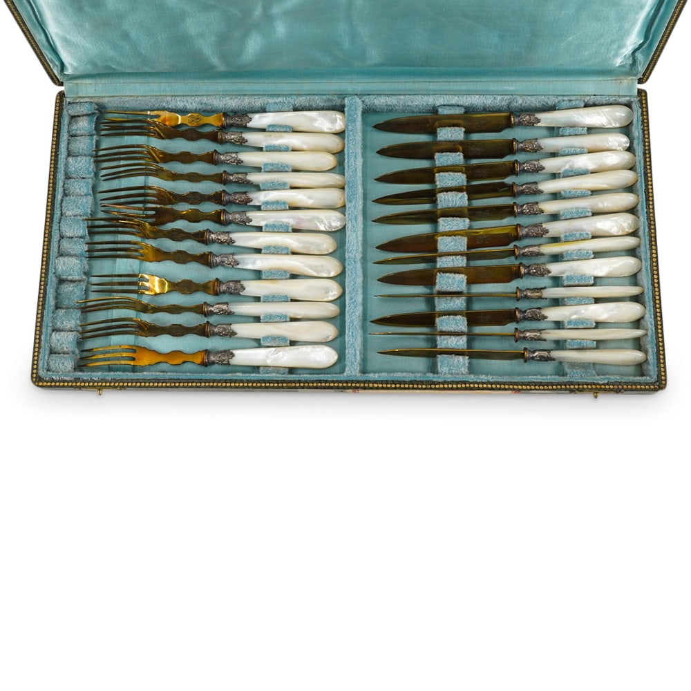 Antique Mother Of Pearl and Brass Fruit Forks & Knives Set (1 of 2)