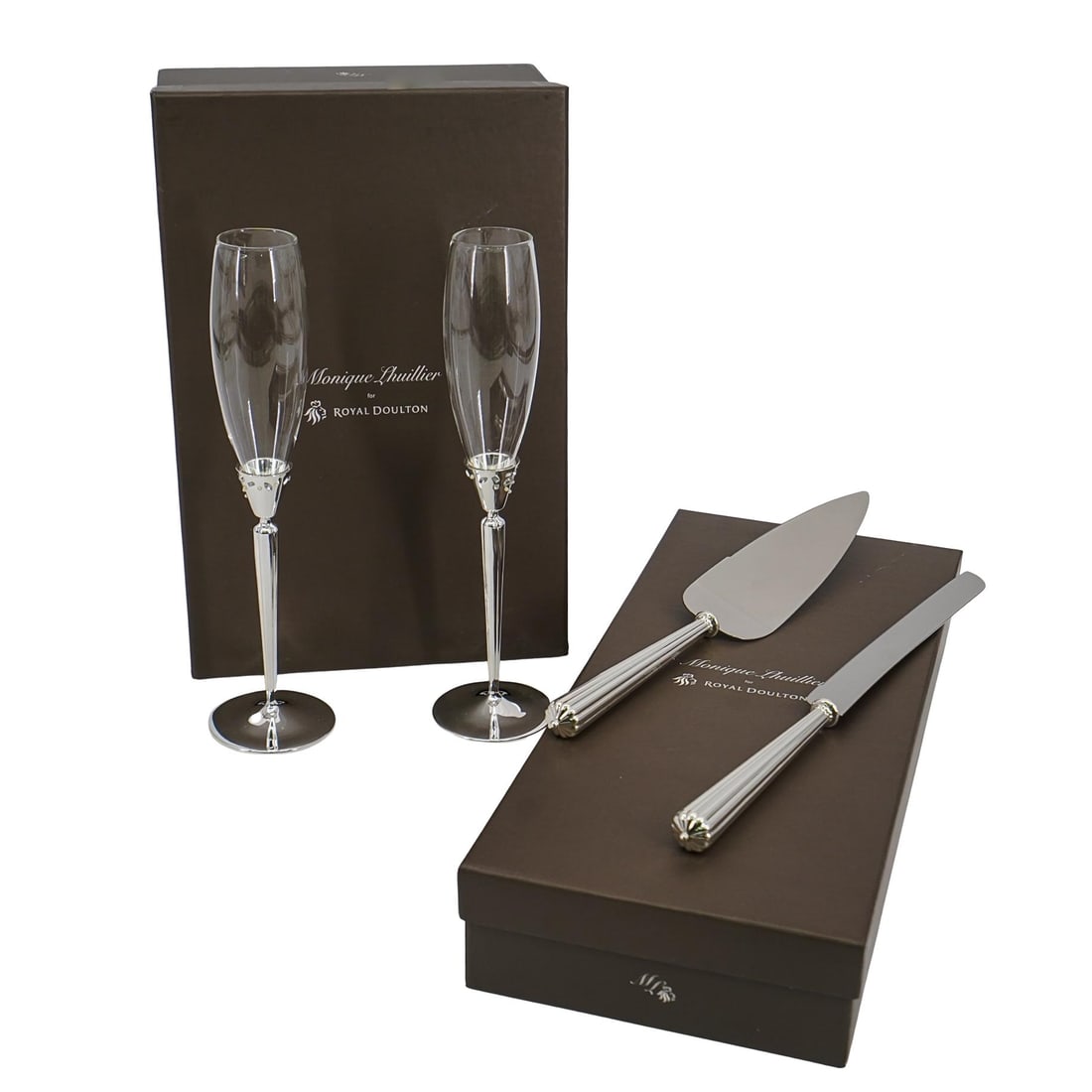 (4 pcs) Monique Lhuillier for Royal Doulton Silver Plated Set: (4 pcs) Monique Lhuillier for Royal Doulton Silver Plated SetLate 20th early 21st century, EnglishA set of four Monique Lhuillier (Filipino, 1971-) for Royal Doulton silver-plated items. Includes two