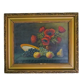 Signed Fruit and Florals Still Life Oil on Canvas
