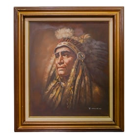Signed J. Hawkins "Indian Chief" Oil Painting On Canvas