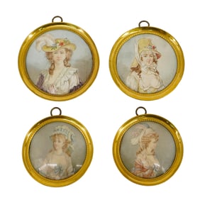 (4 pcs) Antique Miniature Portraits in Ormolu Frames