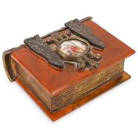 Vintage Bakelite & Brass Hinged Treasure Box W/ Painted Cameo