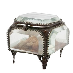 Antique French Beveled Glass And Brass Trinket Box