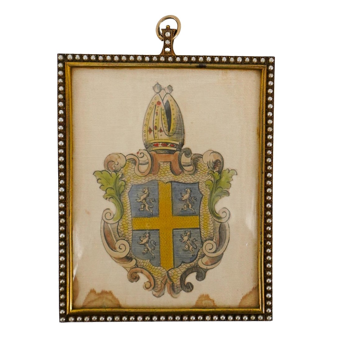 Antique Pearled Framed Ecclesiastical Coat of Arms Sketch: Antique Pearled Framed Ecclesiastical Coat of Arms Sketch19th century, EnglishAntique framed ecclesiastical coat of arms hand-colored sketch. Gilt frame with pearl beaded inset border.3 1/2" x 4 1/2"