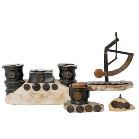 (4 Pcs) Antique Coin Marble Inkwell Desk Set