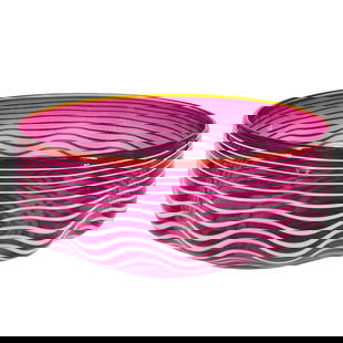 Signed Art Glass Swirl Bowl: Signed Art Glass Swirl Bowl2005, ContinentalA rounded glass bowl in a deep purple-pink color, featuring a wavy pattern of white stripes. Signed on the underside.H: 5 1/2" D: 11 7/8"