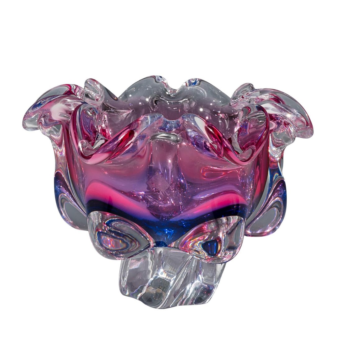 Chribska Czech Glass Bowl: Chribska Czech Glass Bowl 20th century, Czech Republic Czech Chribska Glassworks glass bowl . The piece features a crimped, organic form with clear and pink-purple glass. Heavy, hand-formed constructi