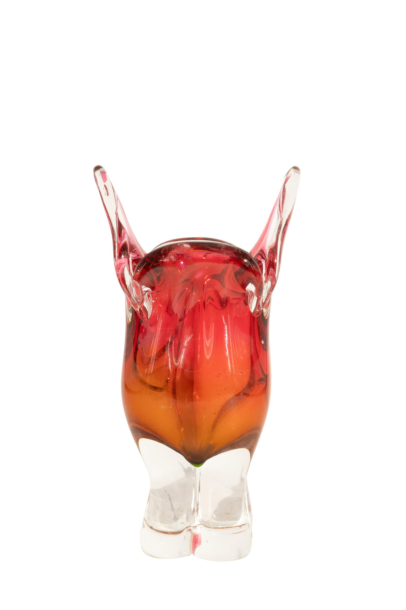 Czech Bohemian Art Glass "Cat's Head" Vase: Czech Bohemian Art Glass "Cat's Head" Vase 20th century, Czech Czech bohemian art glass vase in a "cat's head" shape. Pink cranberry and orange glass submerged in clear glass. H 9 1/2" L 5" W 3 1/2"
