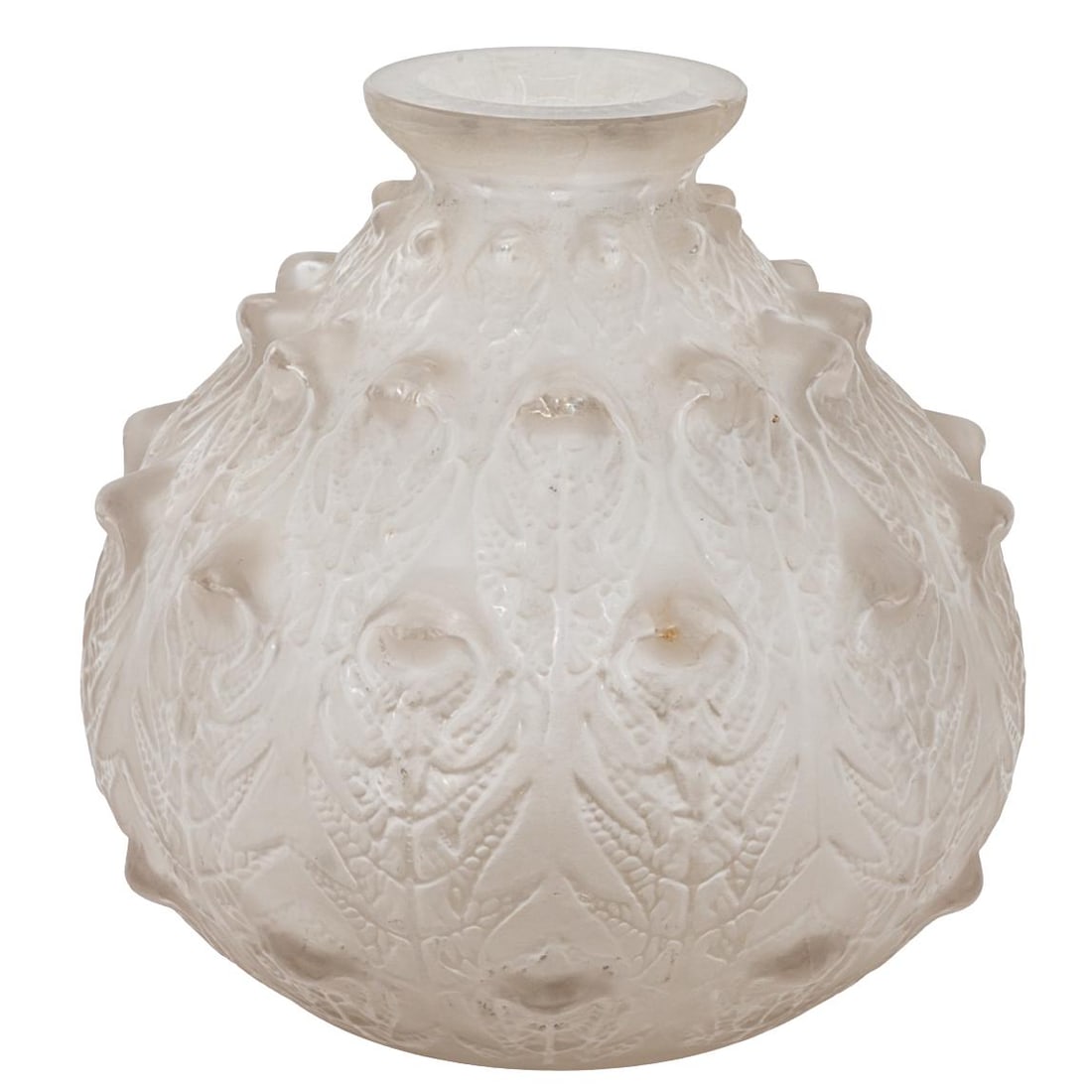 Rene Lalique "Fougeres" Glass Vase: Rene Lalique "Fougeres" Glass Vase 20th Century, Continental. Rene Lalique Frosted art glass vase, with textured exterior depicting leaf motifs. Signed. H: 6 1/4" W: 5 1/2"